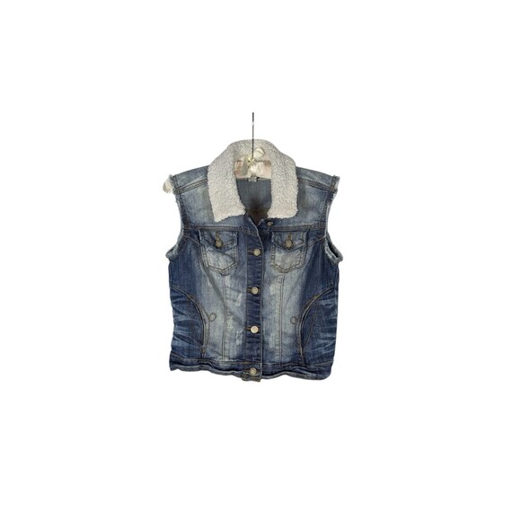 1st Kiss Sz M Blue Distressed Shearling Collar Button Down Sleeveless Denim Vest - Picture 1 of 6
